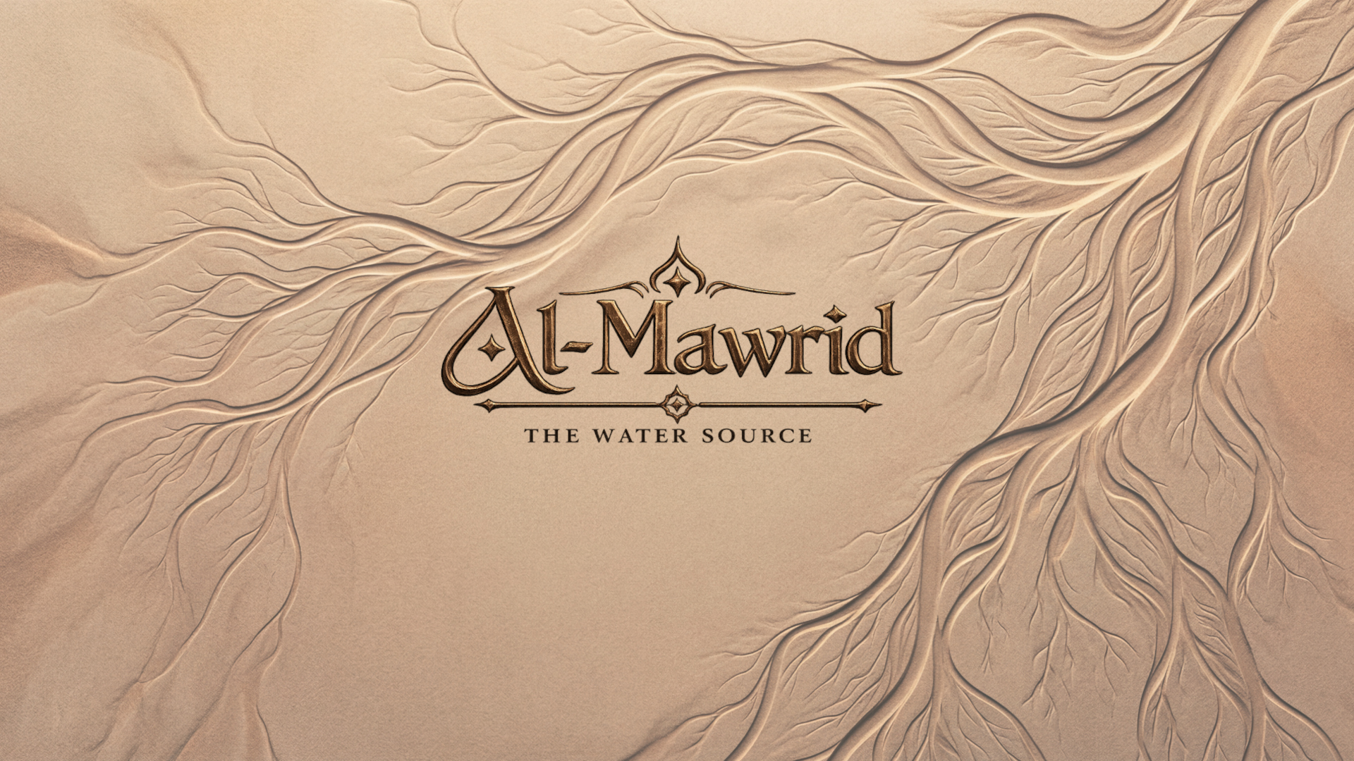 Al-Mawrid title page with carved desert patterns and project branding, introducing a cinematic worldbuilding presentation about a remote water source, desert survival and a fortress civilization shaped by geography. Environment concept art and worldbuilding by Kenneth Bonde.