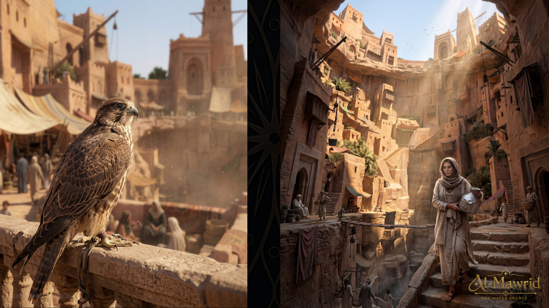 A falcon perched within the Al-Mawrid fortress, overlooking sunlit sandstone buildings and narrow streets, adding cultural detail, atmosphere and a sense of watchfulness to the desert world. Environment concept art and worldbuilding by Kenneth Bonde.