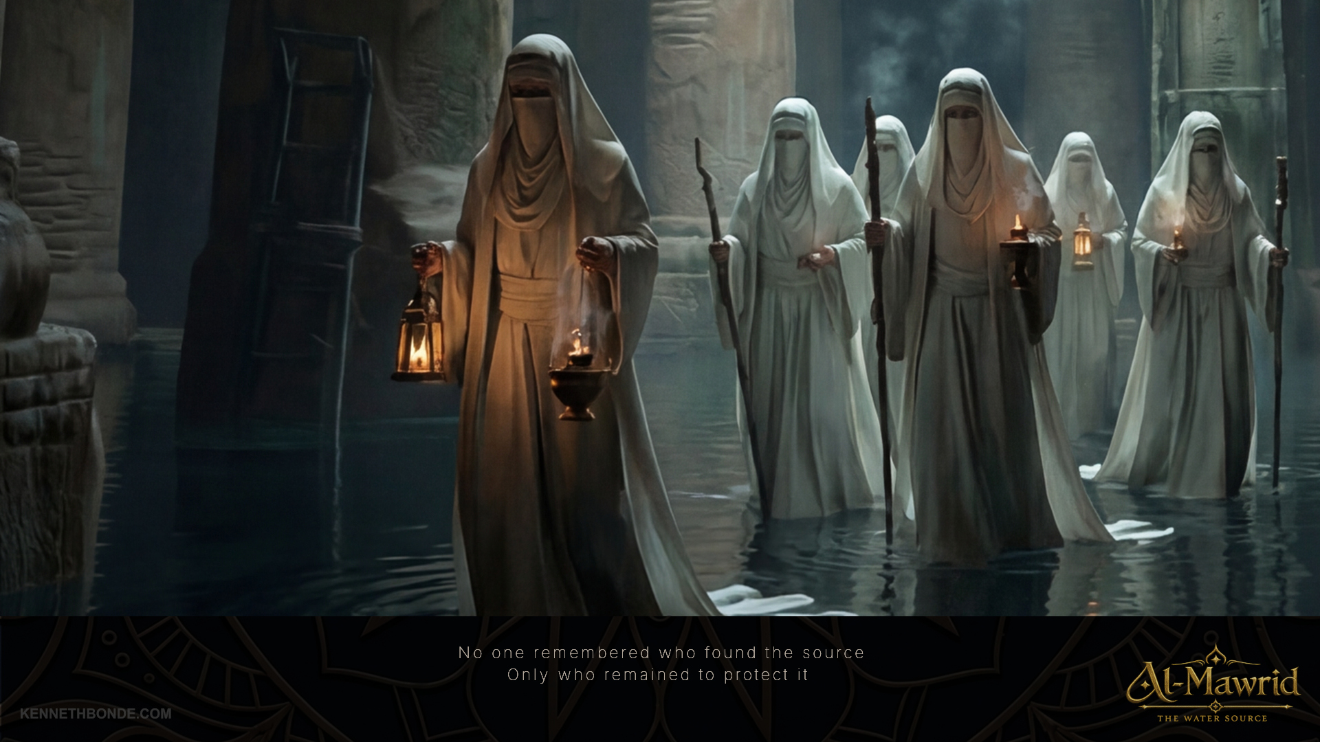 White-robed figures carrying lanterns through a dark interior passage, suggesting religious ritual, secrecy, pilgrimage and the spiritual connection between water, architecture and belief in Al-Mawrid. Environment concept art and worldbuilding by Kenneth Bonde.