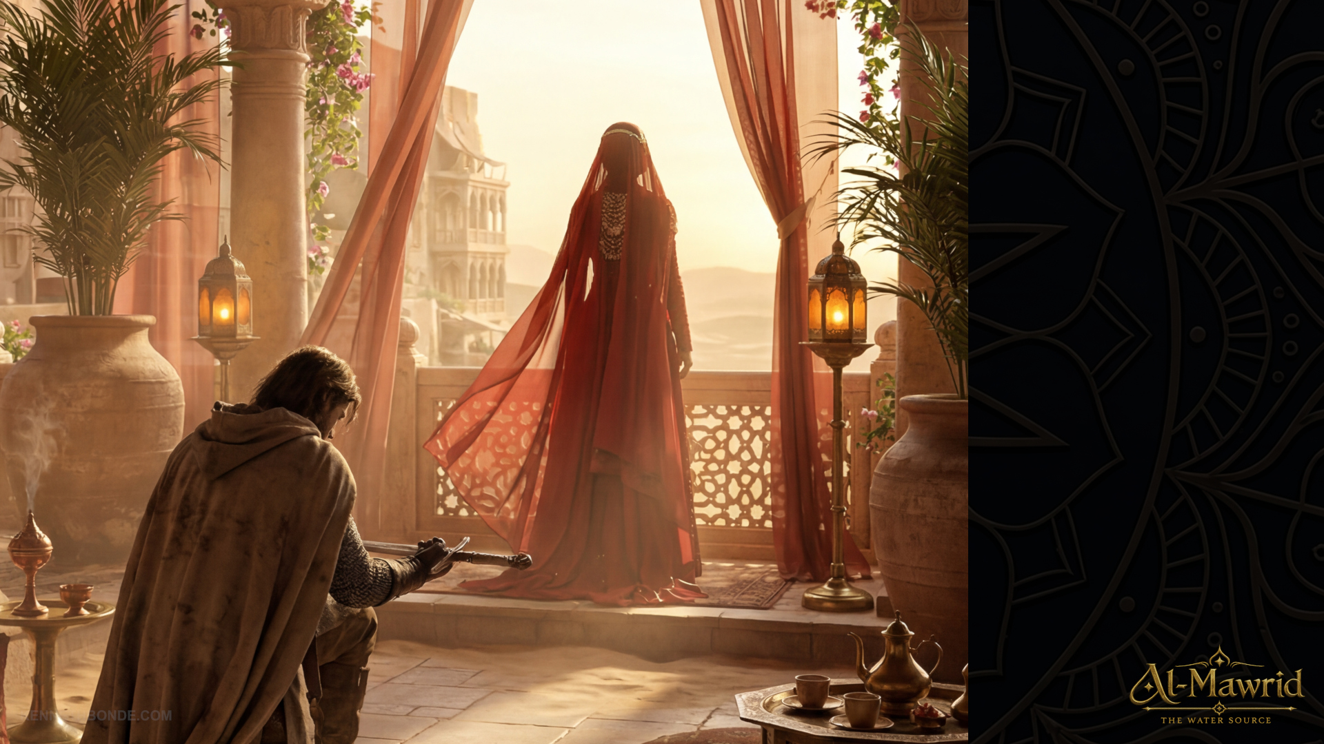 A richly lit interior scene with a ruler-like figure, textiles, architectural screens and warm sunlight, suggesting political ritual, cultural hierarchy and intimate storytelling within the Al-Mawrid fortress. Environment concept art and worldbuilding by Kenneth Bonde.