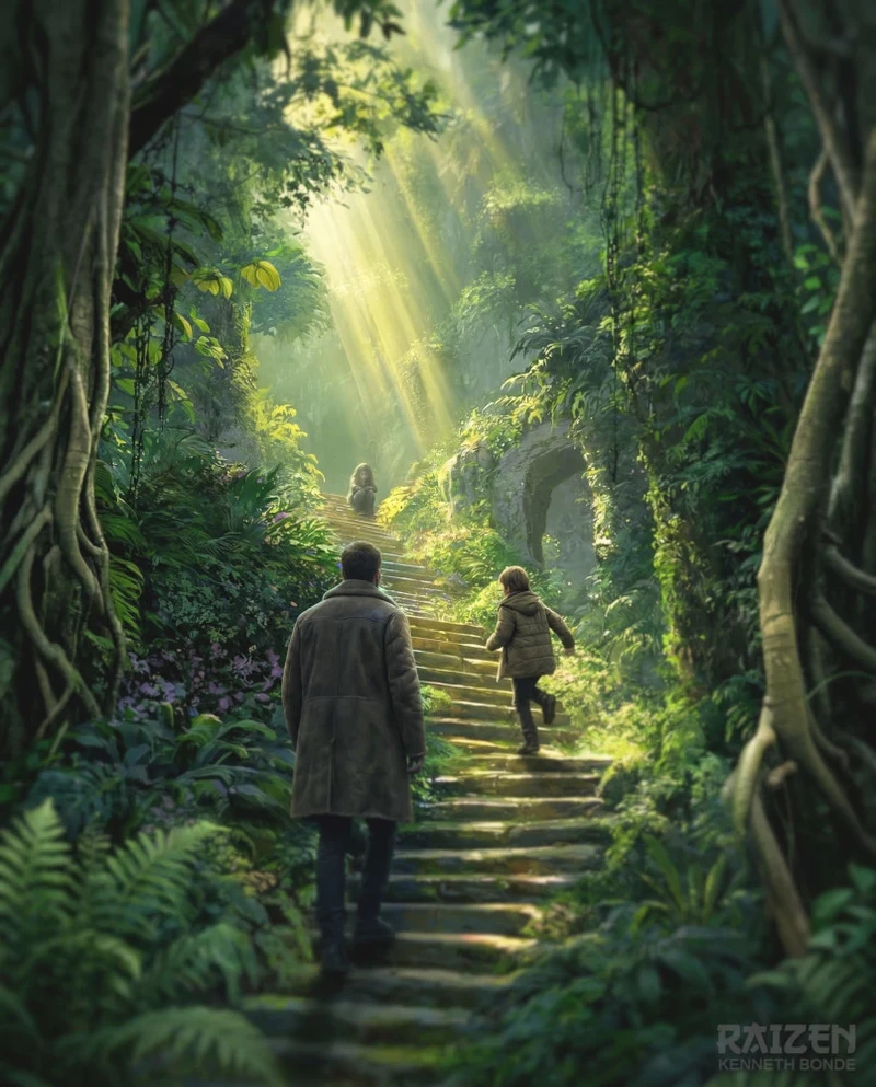 A narrow green forest path leads upward through dense trees and glowing light, suggesting discovery, passage, natural architecture, mythic travel and environmental storytelling in a visual development series. Environment concept art and worldbuilding by Kenneth Bonde.