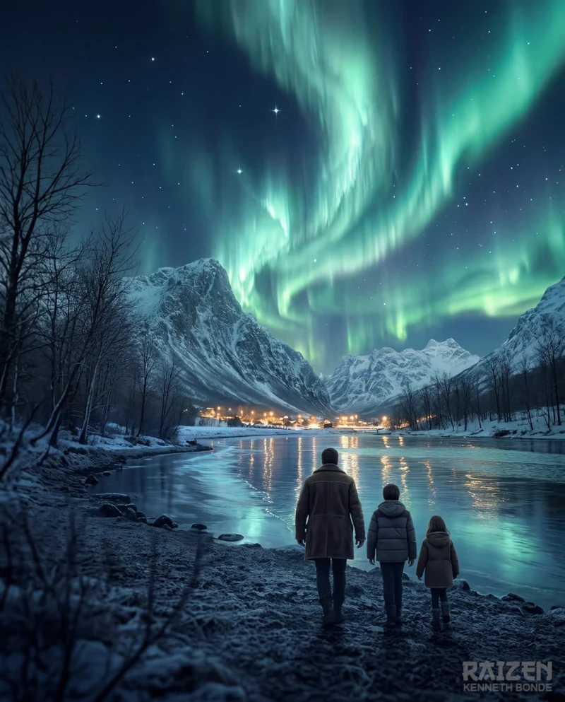 Travelers stand before a luminous frozen lake, mountains and an aurora-like sky, creating a cinematic fantasy landscape about wonder, family, distance, mystery and visual development for a larger journey. Environment concept art and worldbuilding by Kenneth Bonde.