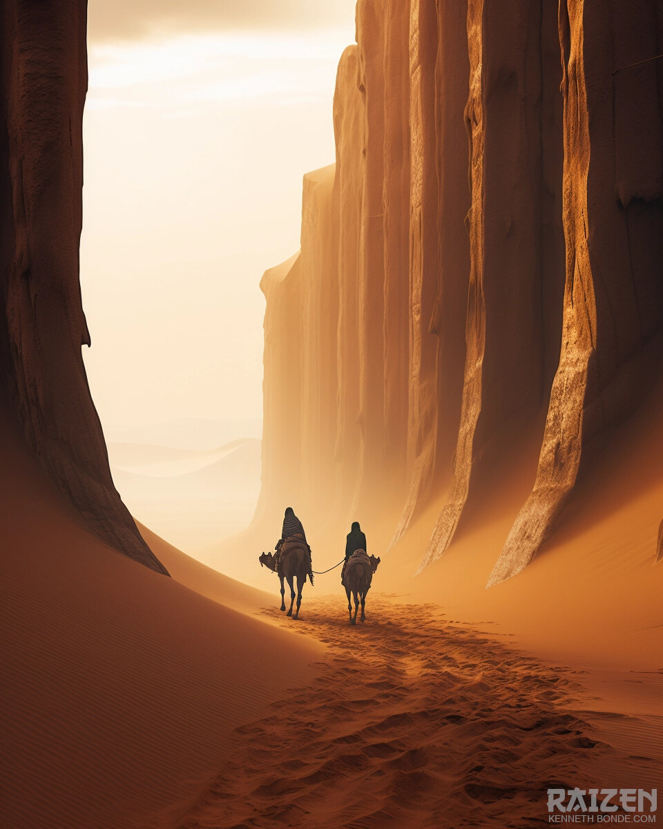 A small group crosses a monumental desert passage between towering cliffs, with orange light and long shadows emphasizing environmental storytelling, survival, distance and the emotional scale of the journey. Environment concept art and worldbuilding by Kenneth Bonde.